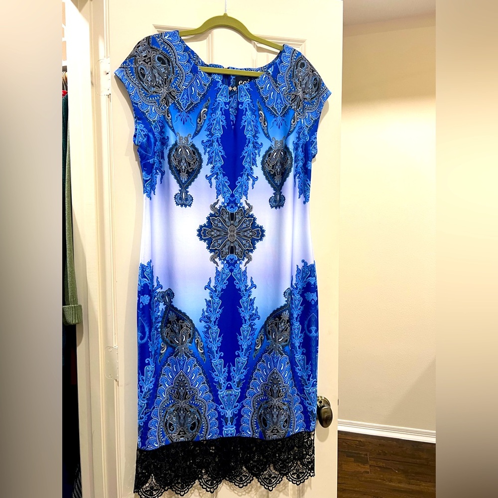 Black, blue and white cap sleeve dress